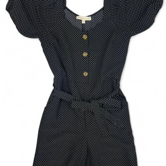 Navy blue and white polka dot romper with button-up front and elastic waistband - Picture 1 of 2